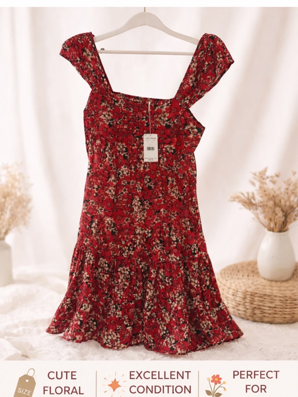 Free People Red Floral Smocked Peplum Top NWT